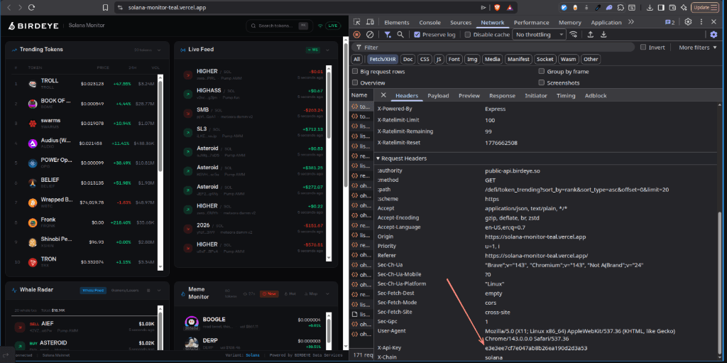 Browser network tab showing a leaked Birdeye API key in the headers