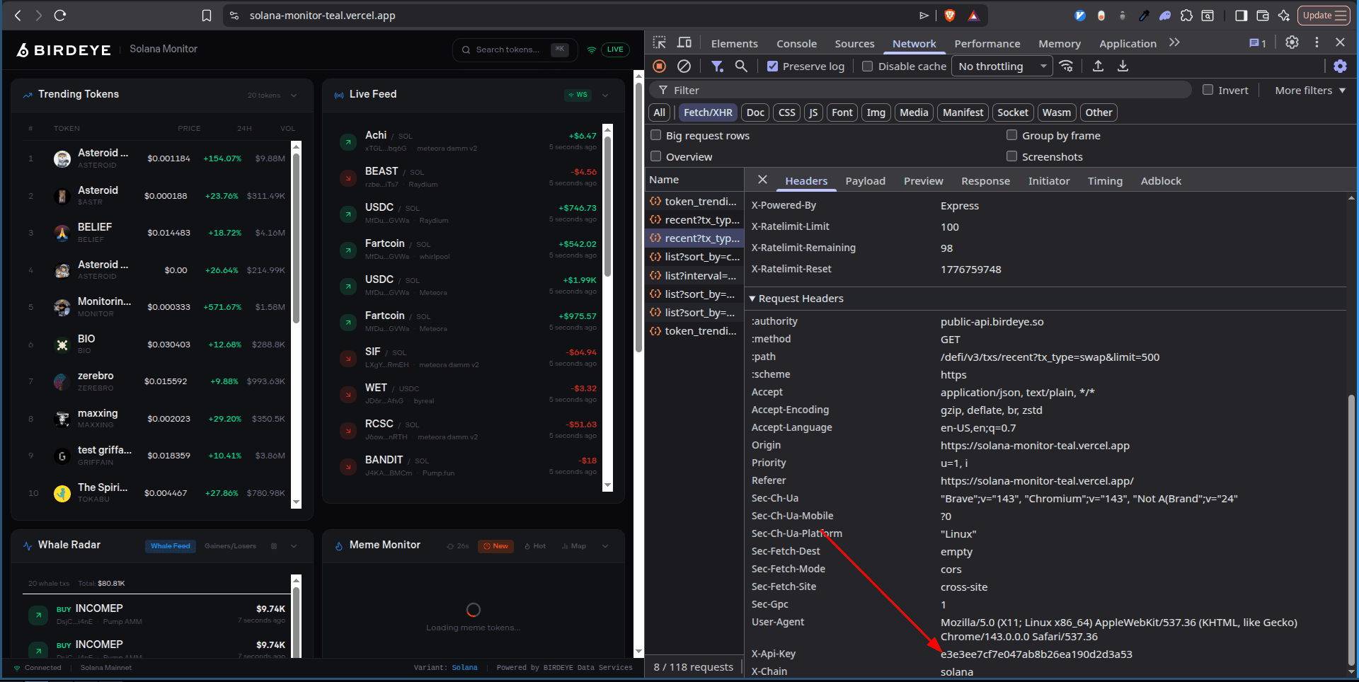 Browser network tab showing a leaked Birdeye API key in the headers